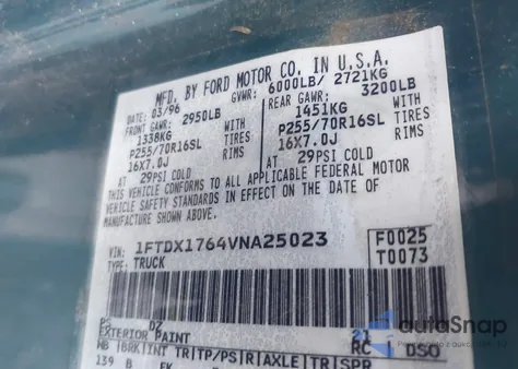 1997 Ford F-150 Lariat/Standard/Xl/Xlt from USA, damaged, VIN 1FTDX1764VNA25023